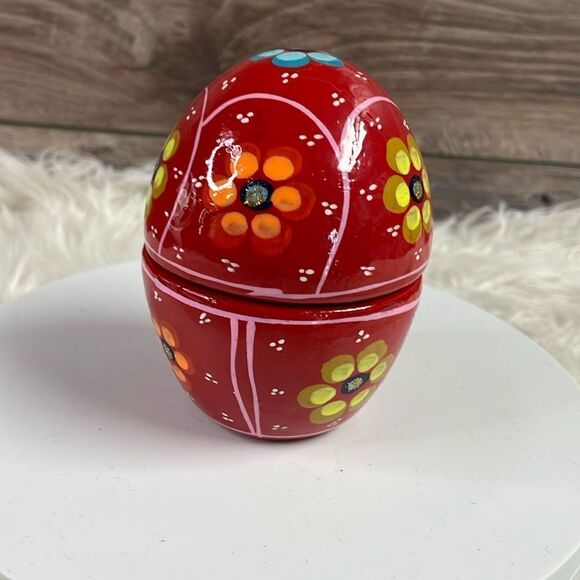 Mexican Handpainted Red Clay Trinket Box, Red with Flowers - Picture 1 of 8